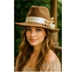 Vtg Brown Wool Nancy Hughes Hat Co Hat Satin Ribbon Bow Roses Lazer Cut 6 3/4